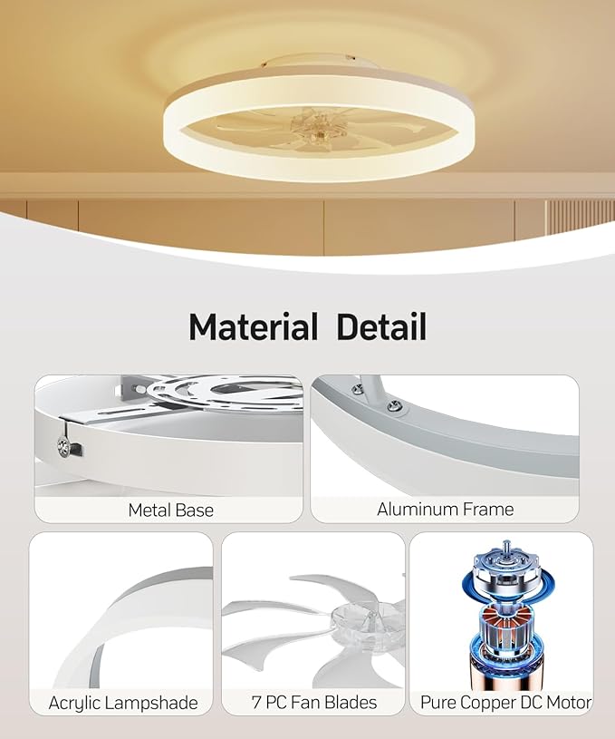 Smart Ceiling Fans with Light and Remote,20'' Low Profile Ceiling Fan with 6-Speed & Dimmable LED, Alexa/APP Home Voice Control, App, Reversible Airflow, App Timer, for Beedroom（White）