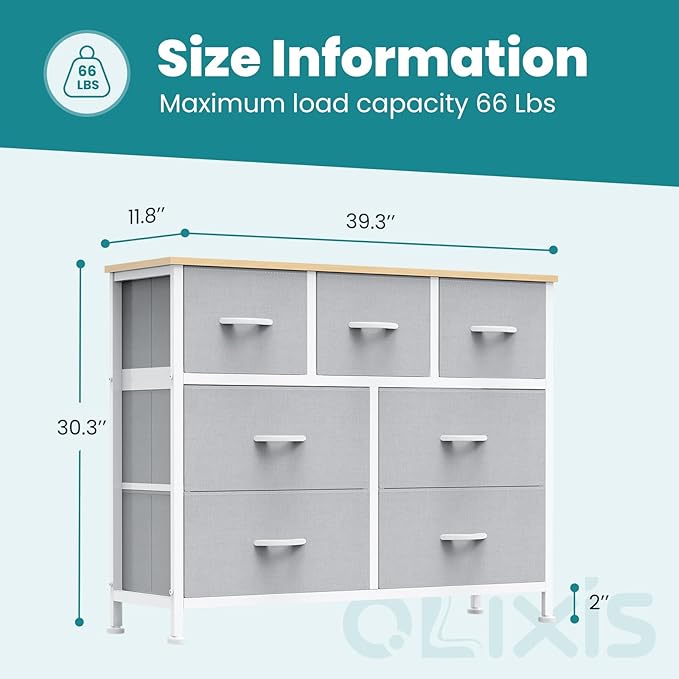 OLIXIS 7 Drawers Dresser for Bedroom, Fabric Storage Tower for Living Room, Entryway - Sturdy Steel Frame, Wooden Top and Easy Pull Fabric Bins, Closet Chests Organizer for Clothes,Light Gray