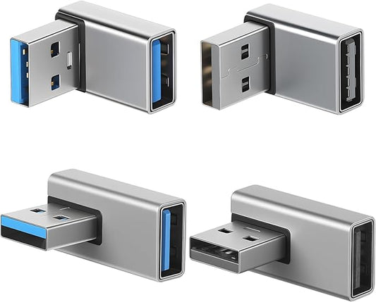 90 Degree USB 3.0 Adapter 4 Pack, L Shape Extender Left and Right Angle and Up and Down Angle USB A Male to Female Converters Extend Laptops for PC, Laptop, Power Bank (Grey)