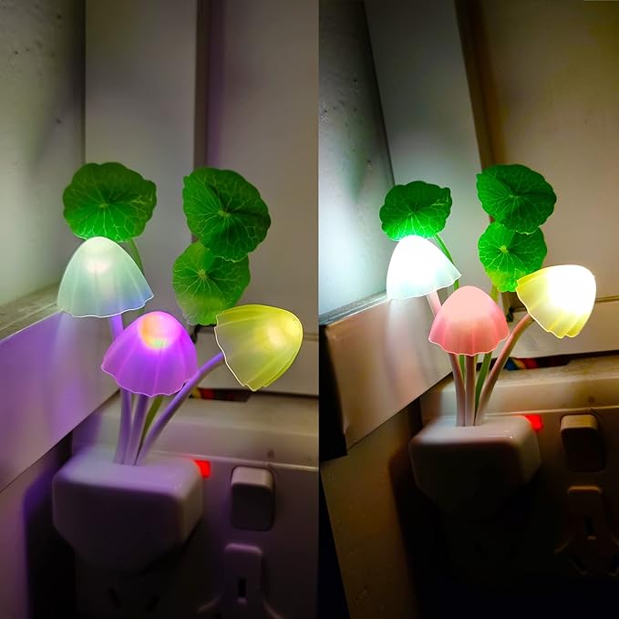 AUSAYE Sensor Night Light Plug Into Wall,Auto Night Lights Led 7 Colors Cute LED Lamp Mushroom Light for Kids,Mom,Bedroom,BathroomToilet,Hallway,Stairs,Kitchen Pack of 4