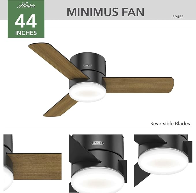 Hunter 44 inch Indoor Ceiling Fan with Light and Remote Control - For Bedroom or Living Room, Low Profile Mount, Black Modern Ceiling Fan with LED Light, Quiet, 3 Blades - Minimus 59453, Matte Black