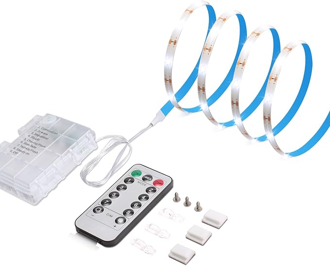 Battery Powered Strip Lights White with Remote, 3.3FT Led Strip Light with 8 Modes, Dimmable, Timer, Self-Adhesive, Cuttable, Waterproof