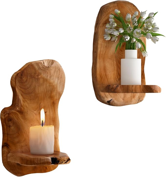 Wall Sconce Candle Holder, Wall Mount Wooden Candle Holders, Rustic Wall Decor for Bathroom Bedroom Living Room, Set of 2
