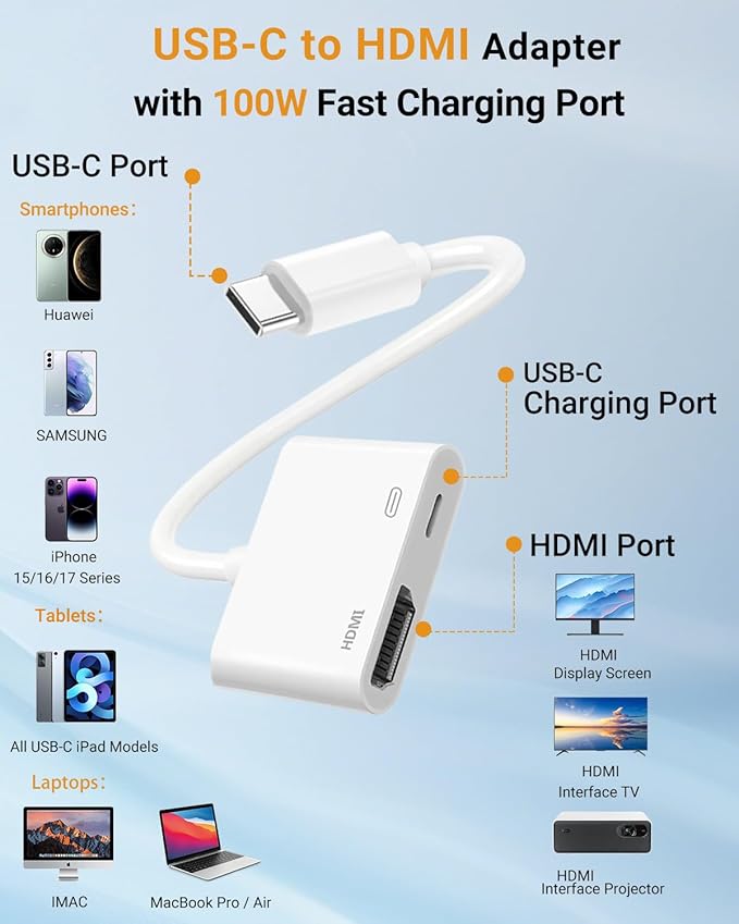 USB C to HDMI Adapter, Type C to 4K HDMI Adapter with 100W PD Multiport Digital AV Converter for MacBook Pro/air, iPad Pro/air, iPhone 15/16/17, Tablets, Switch and More USB-C Devices