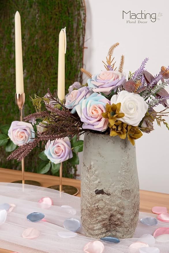 MACTING 60PCS Artificial Rose Flowers Real Touch Fake Flowers with Stem Foam Roses for DIY Wedding Bouquets Baby Shower Table Centerpieces Party Holiday Home Spring Mothers Day Decor(Light Rainbow)