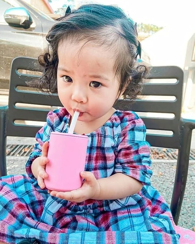 Avanchy Silicone Training Sippy Cup with Straw Lid – For Babies 6+ Months to Toddlers 1 Year Old – 8 oz Infant Water Cup for Baby Led Weaning, White + 5 Reusable Straws
