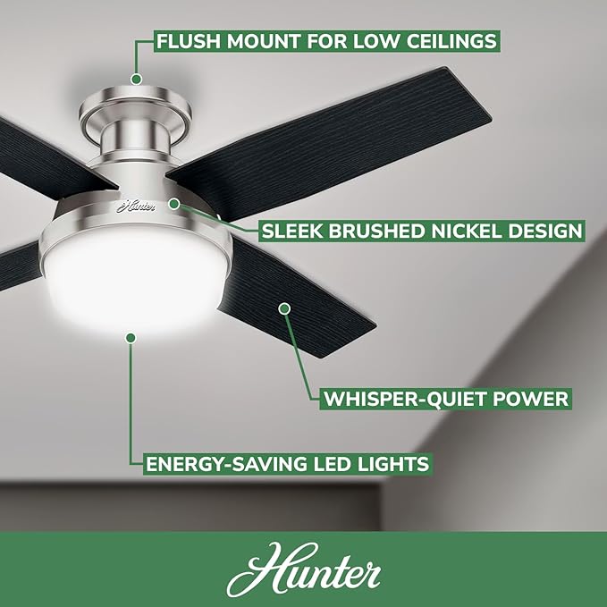 Hunter 44 inch Indoor Ceiling Fan with LED Light and Remote Control - Modern Ceiling Fan, Low Profile Mount, 4 Black Oak Blades, For Bedroom, Living Room, or Kitchen - Dempsey 59243, Brushed Nickel