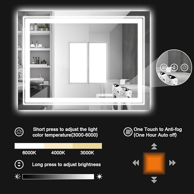 LED Bathroom Mirror, 55"X36" with Front and Backlit, Anti-Fog, Large Bathroom Vanity Mirror for Wall, Memory Function, Stepless Dimmable, Tempered Glass (Horizontal/Vertical)