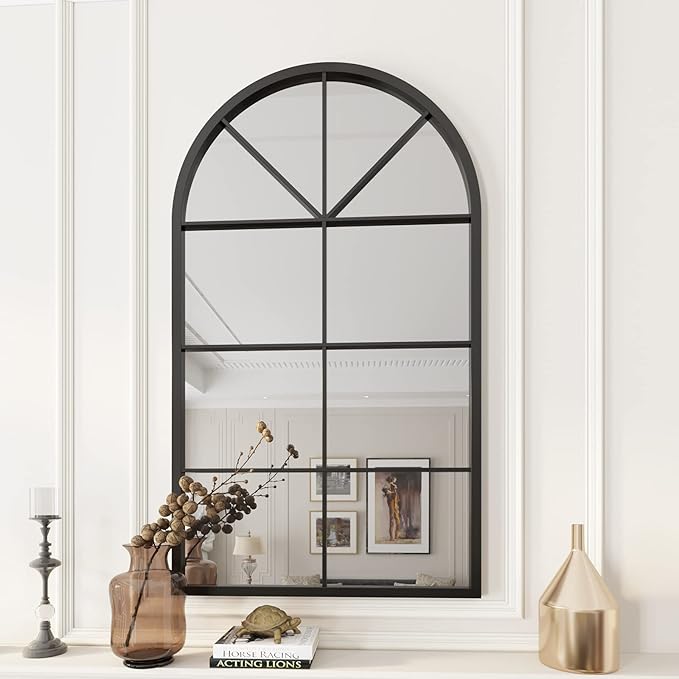 ironsmithn Arched Window Mirror, 41.3"x24" Grid Arch Mirror, Black Metal Windowpane Mirrors for Living Room Fireplace Entryway Bedroom Hallway Home Decor