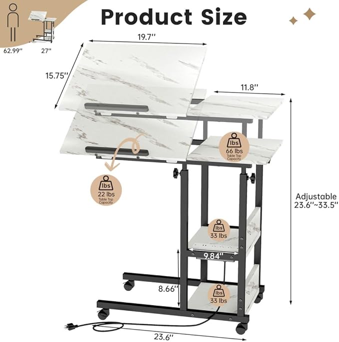 Hadulcet Adjustable C Table with Charging Station, Tiltable Desk C Shaped End Table for Couch, Over Bed Table with Wheels Adjustable Height, Hospital Table Laptop Stand Drawing Desk, Marble White