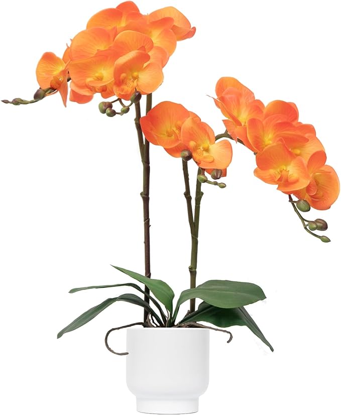 CXGS Orchids Artificial Flowers Real Touch Fake Flowers in Ceramic Pot 20" Orange Faux Orchid Plant Lifelike Silk Phalaenopsis for Centerpiece Hotel Home Indoor Decor