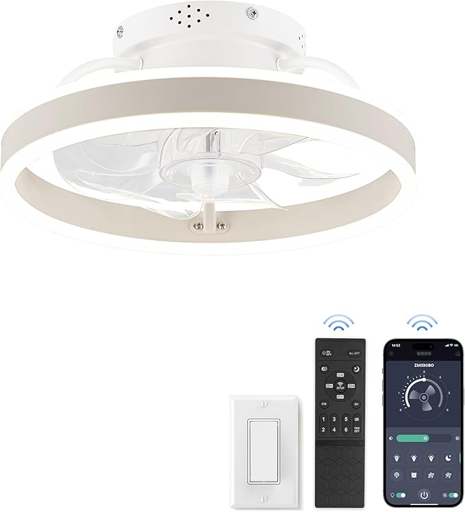 ZMISHIBO Low Profile Ceiling Fans with Lights and Remote, 13 Inch Fandelier Ceiling Fan with Light, White Modern Flush Mount Ceiling Fan, Small Dimmable LED Fan Lights for Bedroom