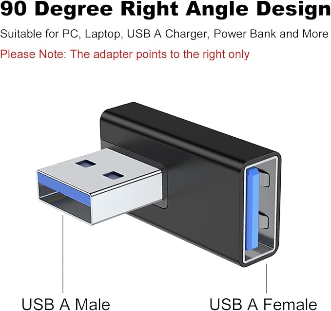 AreMe 90 Degree USB 3.0 Adapter 2 Pack, Right Angle USB A Male to Female Converter Extender for PC, Laptop, USB A Charger, Power Bank and More (Black)