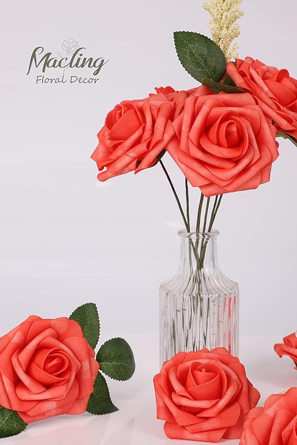 MACTING 30PCS Artificial Rose Flowers Real Touch Coral Red Flowers with Stem Fake Roses for DIY Wedding Bouquet Table Centerpieces Party Holiday Baby Shower Home Spring Mothers Day Decorations