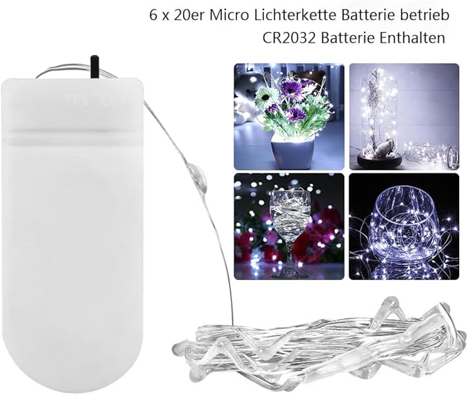 Fairy Lights CR2032 Battery Operated,6.6Ft/2Meter 20 LEDs Micro Silver Wire String Lights for Bedroom Christmas Party Wedding Decoration(Cool White, 12 Pack)