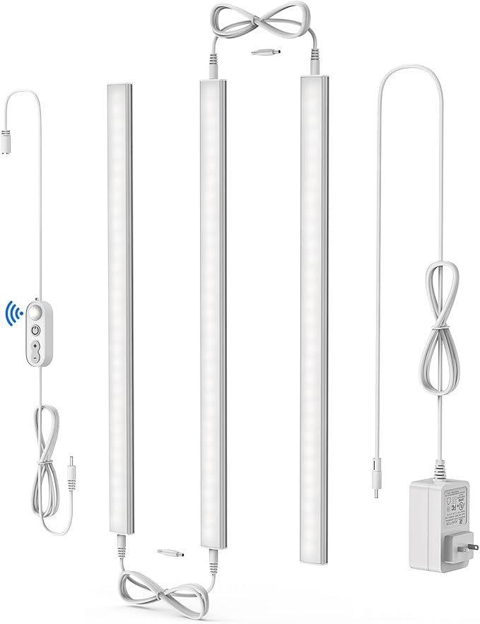 ASOKO Motion Sensor Dimmable Led Under Cabinet Lighting Plug in - 3 Pcs 12 inches Linkable Led Counter Light Bars, Led Closet Light Daylight White 4500K