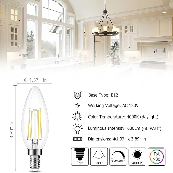 Cotanic Dimmable E12 LED Candelabra Bulb 4000K Daylight, Ceiling Fan Light Bulbs Small Base,60W Equivalent,Type B Bulb for Chandelier,Vintage B11 LED Candle Shape with Clear Glass,600LM,12 Pack
