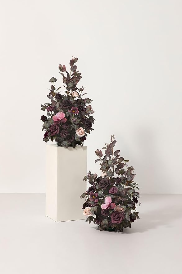 Ling's moment 41" Tall Fall Free Standing Artificial Flowers Arrangements 2pcs Wedding Aisle Runner Chair Decoration Fake deep Plum for Arch Entryway Ceremony Reception Church Rose Floral Party