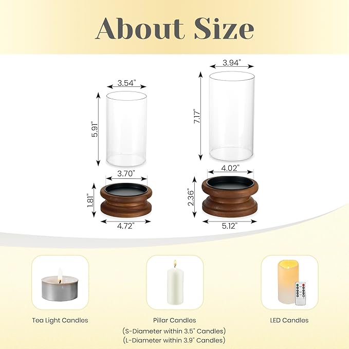 Hewory Hurricane Glass Candle Holder: 2PCS Rustic Brown Candle Holders for Pillar Candles, Vintage Decorative Wood Stand with Clear Glass Cover for Weddings Christmas Table Centerpiece Home Decor