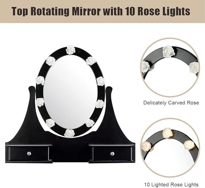 Giantex Vanity Set with Lighted Mirror, Makeup Table with 10 Rose Light, Modern Dressing Desk with Cushioned Stool, 3 Drawers and 360° Rotating Mirror for Bedroom, Vanity Table with Stool (Black)