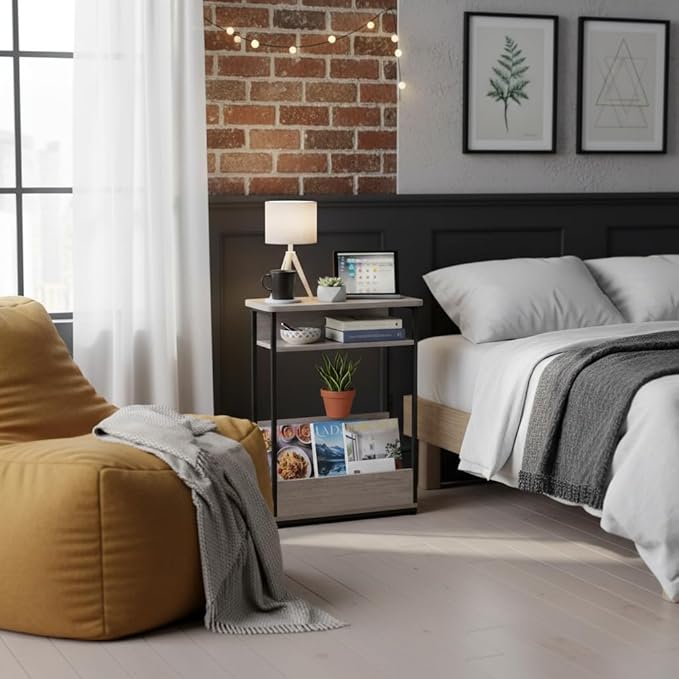 Narrow Side Table,3-Tier Slim End Table with Storage Shelf,Modern Sofa Table Thin Side Table for Narrow and Small Spaces, Skinny Bedside Table Small Nightstand with Magazine Rack Space Saving/Grey