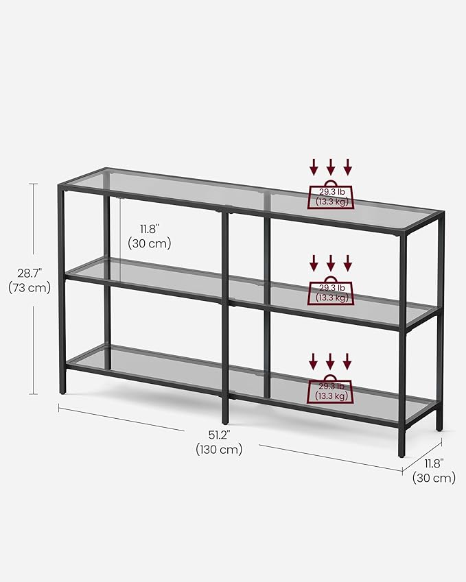 VASAGLE 51.2 Inch Console Table with 3 Shelves, Sofa Tables, Modern Entryway Table, Metal Frame, Tempered Glass Shelf, Entryway Living Room Bedroom, Classic Black and Slate Gray ULGT024B61