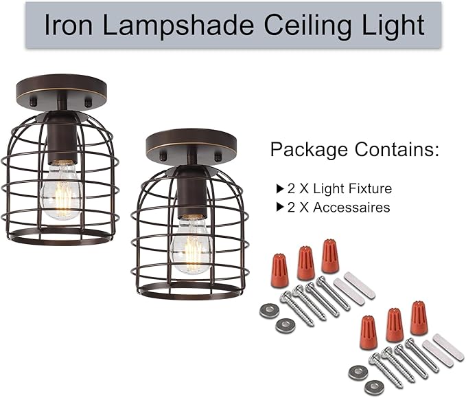 Create For Life® Industrial Vintage Flush Mount Ceiling Light,Rustic Metal Cage Semi Flush Mount Ceiling Lamp Fixture for Hallway Stairway Kitchen Garage, E26, Oil Rubbed Bronze Finish,2 Pack