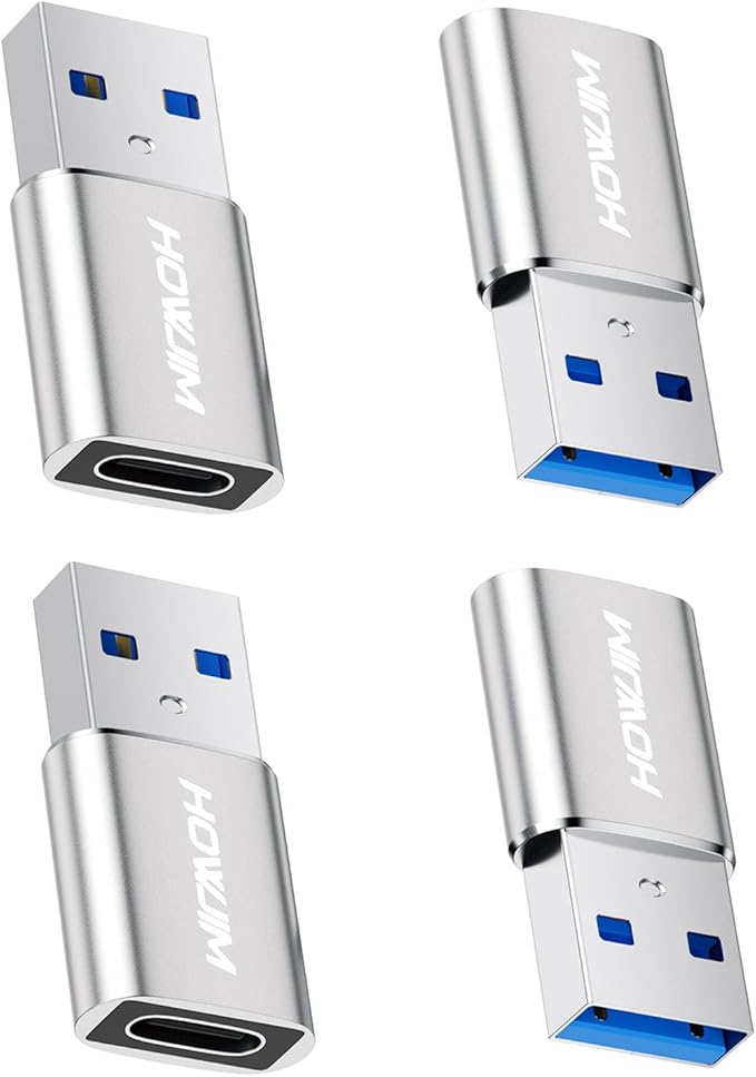 USB to USB C Adapter 4Pack,HOWJIM Type-C Female to USB3.0 Male Adapter OTG Function,Fast Charging 5Gbps Data Transfer for M-acBook Pad Phone 17/16/15 G-alaxy X-peria A-ppleWatch A-irpods P-ixel Silver