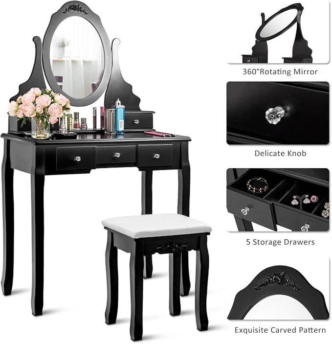 Giantex Vanity Set with Oval Mirror & Cushioned Stool, Makeup Dressing Table Large Storage with 5 Drawers, Mirrored Bedroom Vanities Makeup Table for Kids Girls Women, Easy Assembly (Black)