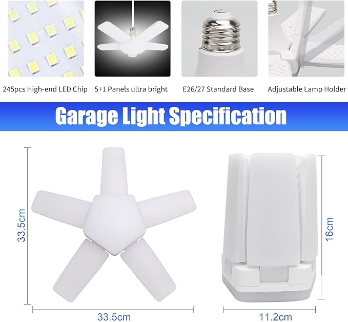 Led Garage Lights 4 Pack, Coomoors 80W LED Shop Light, 8000LM 6500K E26/E27 Garage Ceiling Light with 5 Adjustable Panels 80W-4 Pack