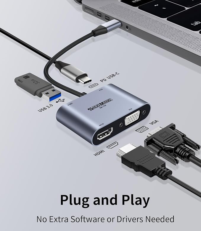4 in 1 USB C Hub, Type-c to HDMI MultiPort Adapter, 4K HD, VGA, 100W Charging Port, USB3.0, Compatible with Switch, Steam Deck, Rog Ally iPhone 15 Pro/Max, MacBook Pro/Air, iPad Pro, iMac, S23