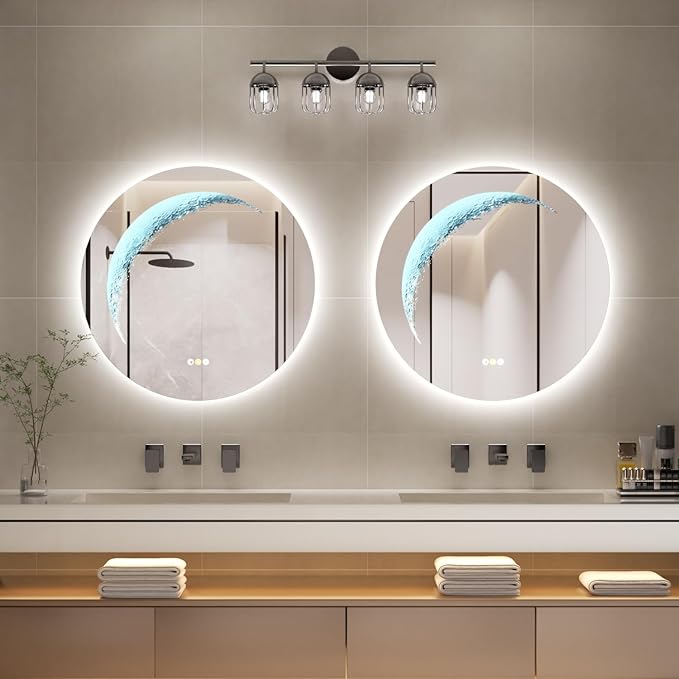 24'' Circle LED Mirror, Frameless Round Smart Mirror with Backlit & Half Moon Light, Anti-Fog, 3 Color Modes, Dimmable Wall-Mounted LED Vanity Mirrors for Bathroom, Bedroom, Entryway