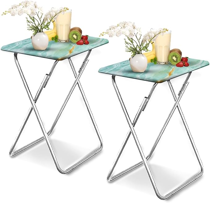 Garden 4 you Folding TV Tray Table,TV Dinner Table with Sturdy MDF Top,Eating Trays for Living Room with No Assembly Required, 2PCS (Sea Blue)