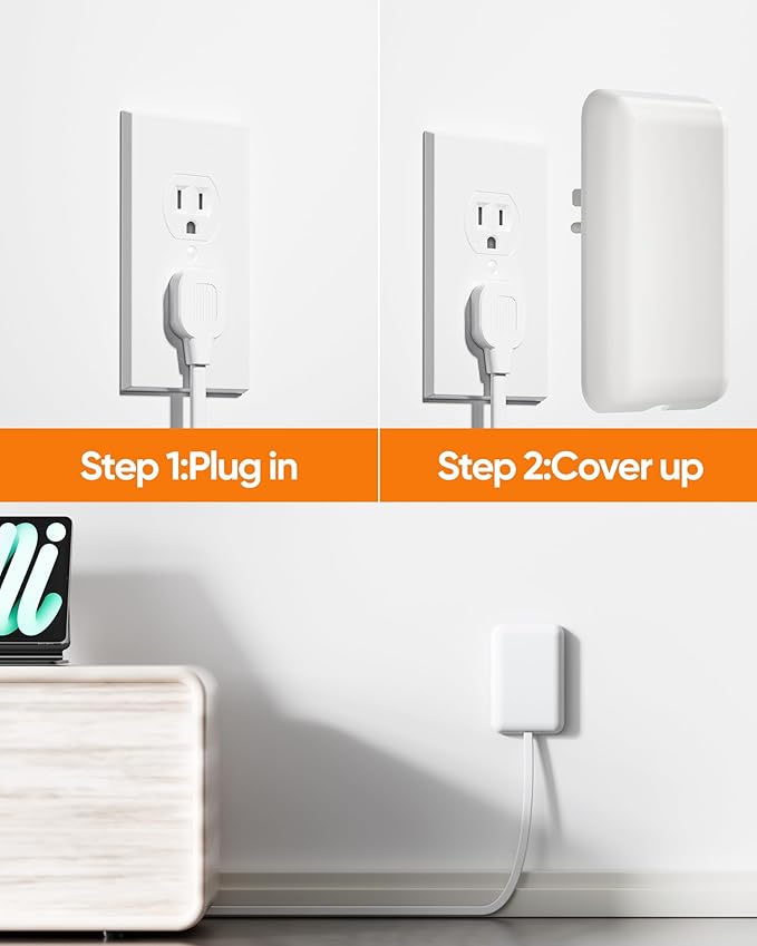 Flat Outlet Extender with Cover, Flat Plug Power Strip with 6 AC Outlets, 2000 Joules Surge Protector, 3FT Flat Extension Cord, Home Office Travel Dorm Room Essentials