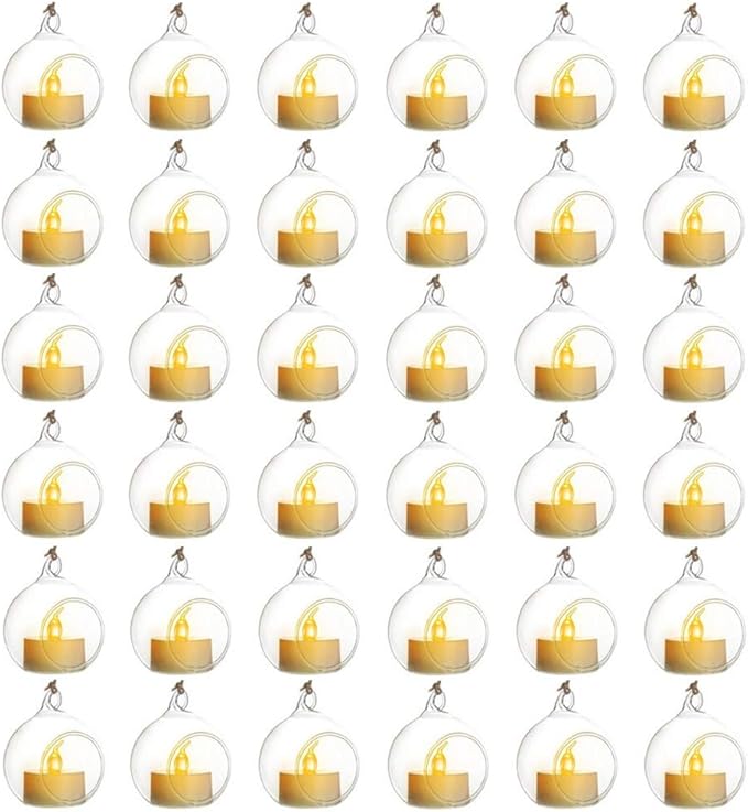 Sziqiqi Hanging Glass Globes Orbs Tea Light Candle Holders with Flameless LED Tealight for Wedding Ornaments, Wedding Birthday Christmas Party Centerpiece Accessory 2.36inch 30pcs +6 Extra