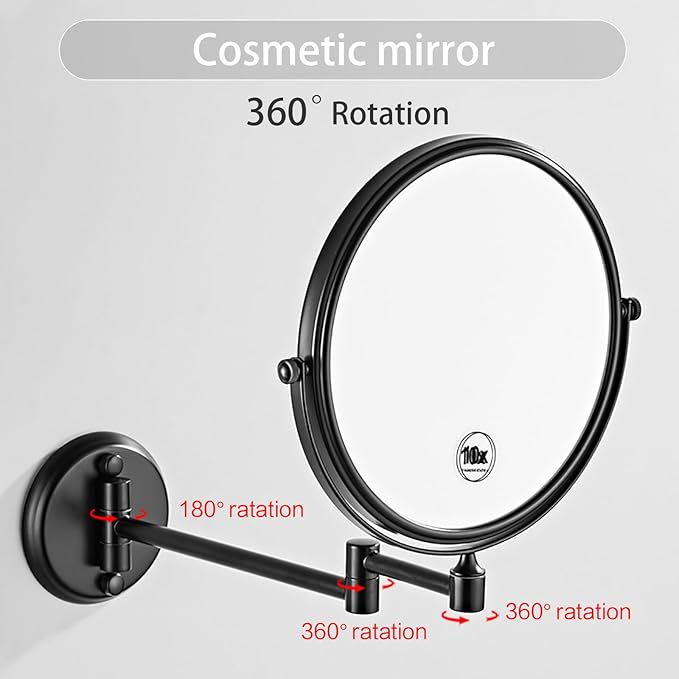 1x10x Magnifying Double Sided Bathroom Mirror 360 Degree Swivel Makeup Mirror Black Adjustable Extension Arm Wall Mount 8 Inch Non-Illuminated Beauty Mirror Shaving Mirror (Round Base)