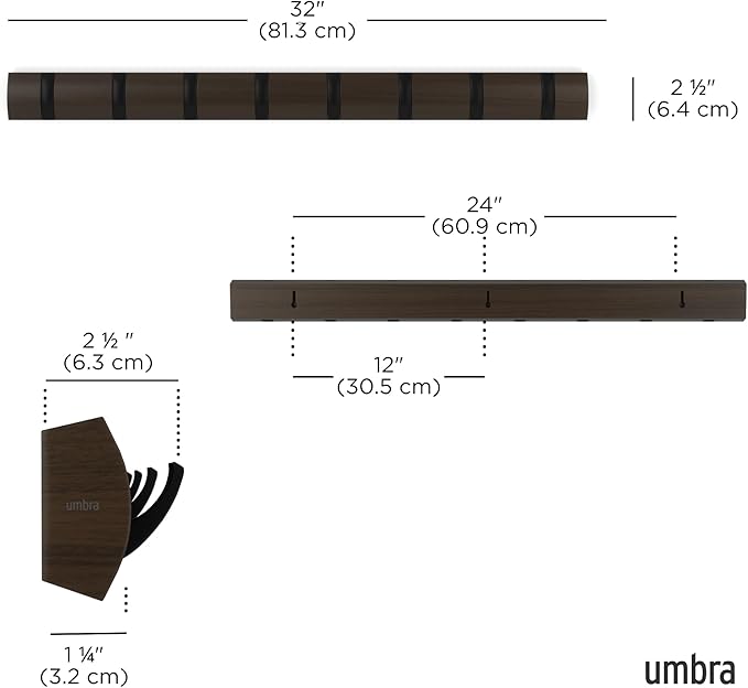 Umbra - Flip Wall-Mounted Coat Rack Rail Hook for Hats, Jackets, Bags and More, Wood, Metal, Black/Walnut