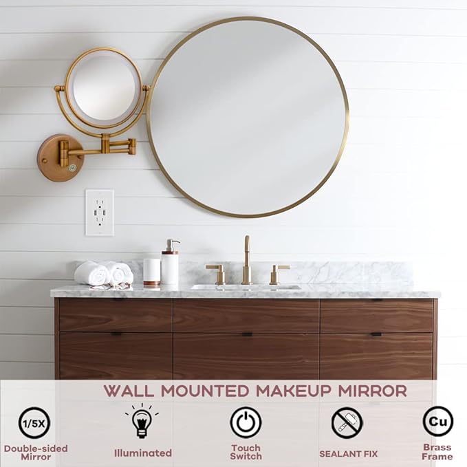 Hardwired Bathroom Wall Mounted Makeup Mirror with Lights and Magnification, 1X/5X Double-Sided for Exquisite Make-up, Extendable Adjustable Angle, No Bending Over Design, Antique Brass