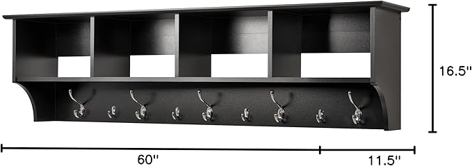 Prepac 60" Contemporary Wall Mounted Coat Rack, Coat Hooks Wall Mount with 4 Shelves, Ideal for Hallway or Entryway Storage Solution, 11.5"D x 60"W x 16.5"H, Black