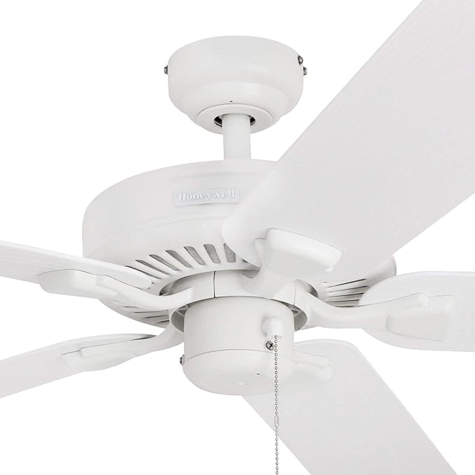 Honeywell Ceiling Fans Belmar 52 Inch Ceiling Fan Without Light, Outdoor Ceiling Fan with Pull Chain, Tri-Mount Traditional 5 Blade Design, ETL Wet Rated, White (50198-01)