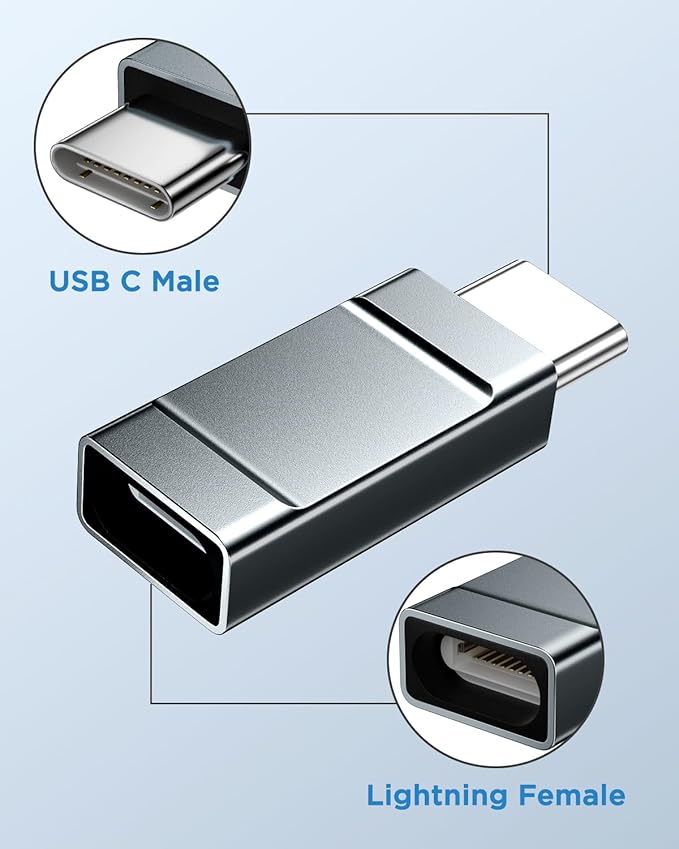 Lightning Female to USB C Male Adapter 2 Pack Lightning to USBC Adapter for iPhone 15/15 Pro,Samsung S24/23, Support Charging/Data Transfer Lightning to USB C Adapter, Not for Audio/OTG,Grey