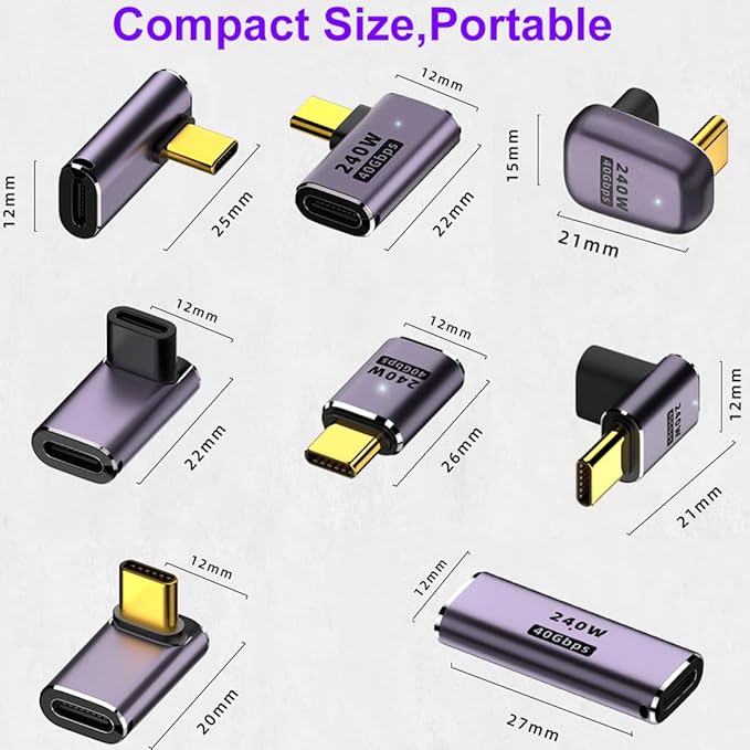 8 Pack USB C Adapter 240W 40Gbps 8K 60Hz, 90 Degree Right Angle, Straight, U Shape, Female to Male, Female to Female USB C Extender for Steam Deck, ROG Ally, Meta Quest, iPad, MacBook, Smart Phone
