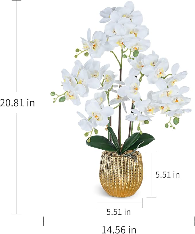 Ziwon Artificial Orchid Flowers & Plants Potted in Ceramic Pot, White Faux Phalaenopsis Orchids for Table Centerpiece, Realistic Fake Flower Arrangement for Home Office Decor Indoor