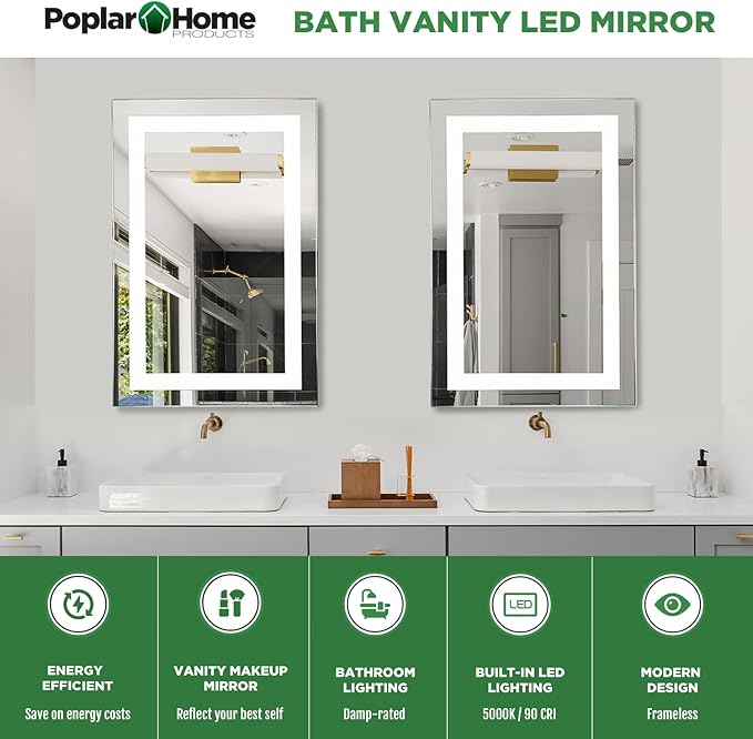 LED Vanity Bathroom Mirror 30 x 20 in. Wall Mounted, Dimmable, Lighted, Anti-Fog Mirror – Modern, Frameless Design