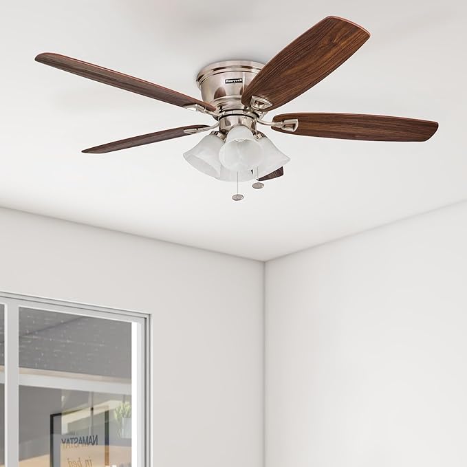 Honeywell Ceiling Fans Glen Alden, 52 Inch Classic Flush Mount Indoor LED Ceiling Fan with Light, Pull Chain, Quick-2-Hang Dual Finish Blades, Reversible Motor - 50182 (Brushed Nickel)