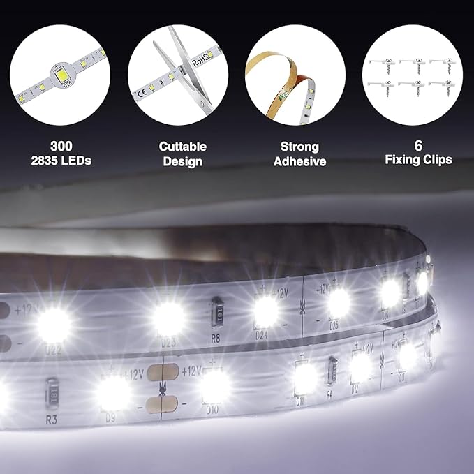 Onforu LED Light Strip,16.4ft Dimmable LED Tape Light, 6000K Daylight White Strip Lighting, 300 LEDs Flexible Vanity Mirror Light, 5M 12V Ribbon Rope Light for Bedroom, Under Cabinet,Kitchen,Christams