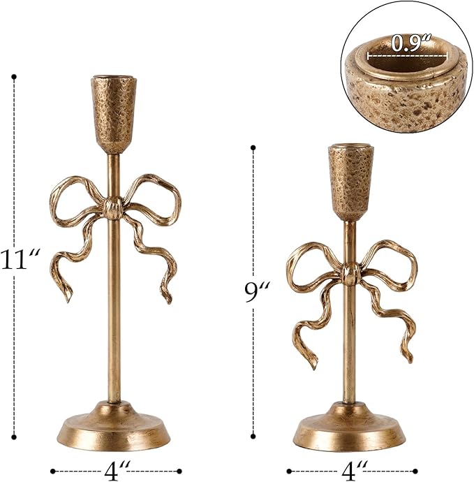 NIKKY HOME Gold Bow Iron Taper Candle Holders Set of 2, Vintage Decorative Tall Candlesticks Centerpieces Decor for Dining Room Table Wedding Party Mantle Fireplace Housewarming Gift