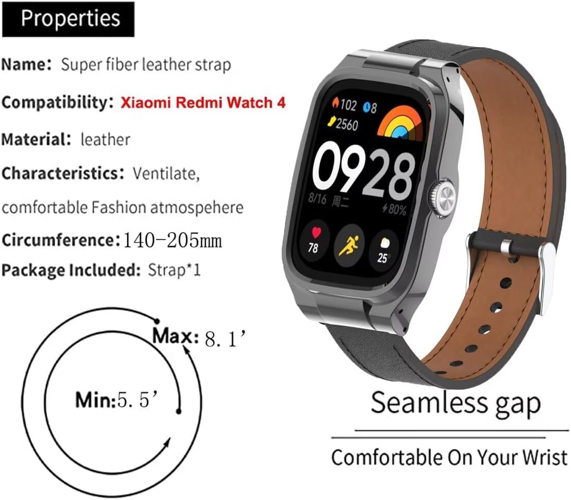 Leather Replacement Bracelet Strap for Xiaomi Redmi Watch 4, Compatible Watchband Accessories with Metal Frame