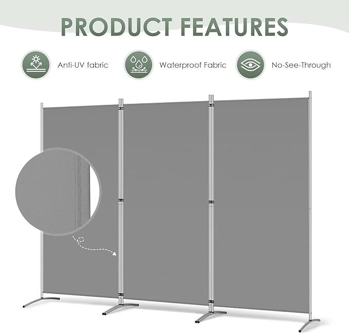 RANTILA 3 Panel Room Divider, 6 Ft Tall Folding Privacy Screen Freestanding Room Partition Wall Dividers, 102''W x 20''D x 71''H, Grey