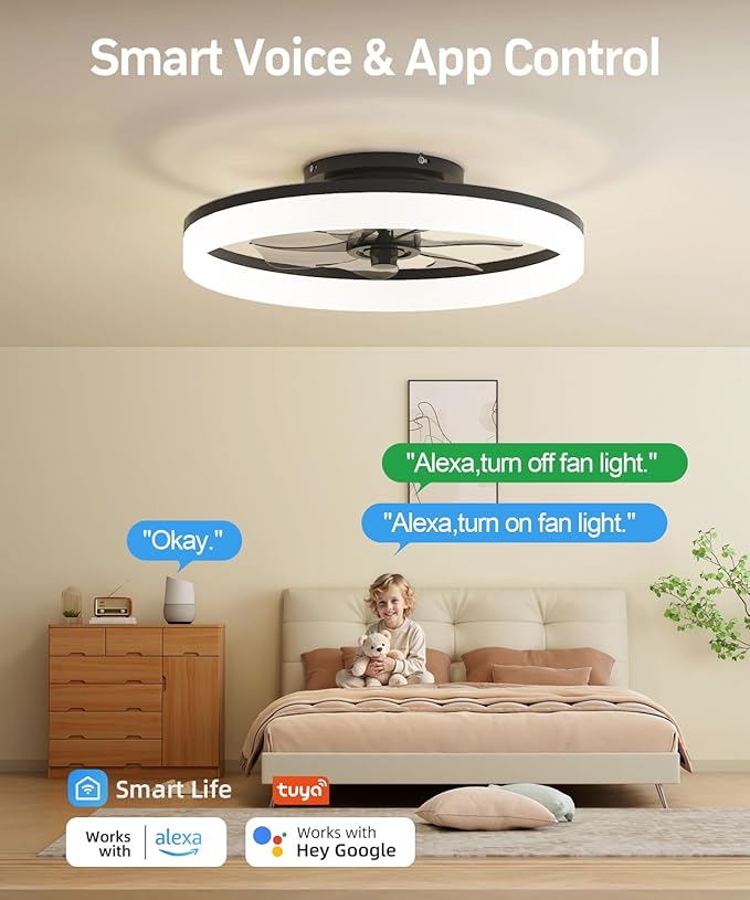 Smart Ceiling Fans with Light and Remote,20'' Low Profile Ceiling Fan with 6-Speed & Dimmable LED, Alexa/APP Home Voice Control, App, Reversible Airflow, App Timer, for Beedroom（Black）